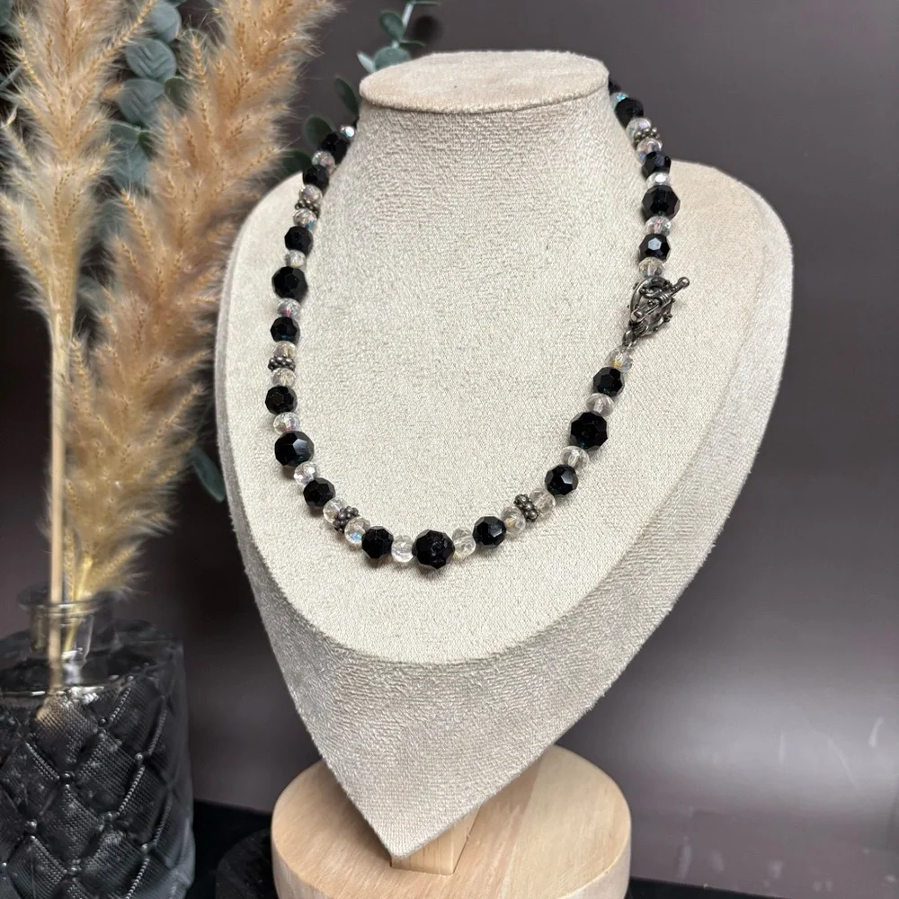 Semiprecious Stone Necklace‎ Black Clear Crystal Beaded Evening Sophisticated